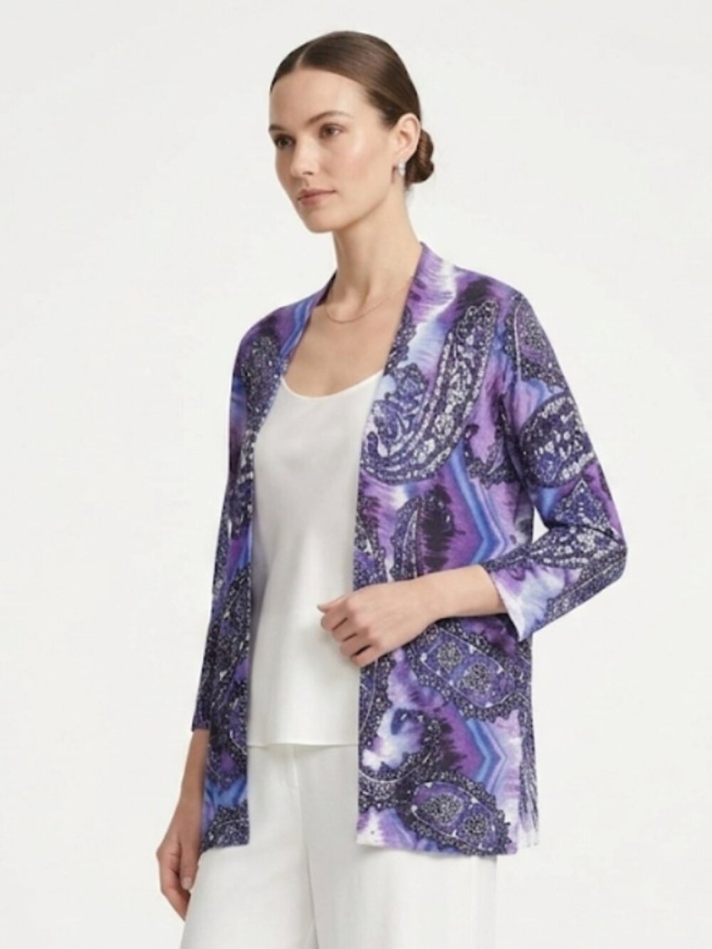 Chico's Cardigan Purple Paisley Open Boho Casual Office 2 (L)